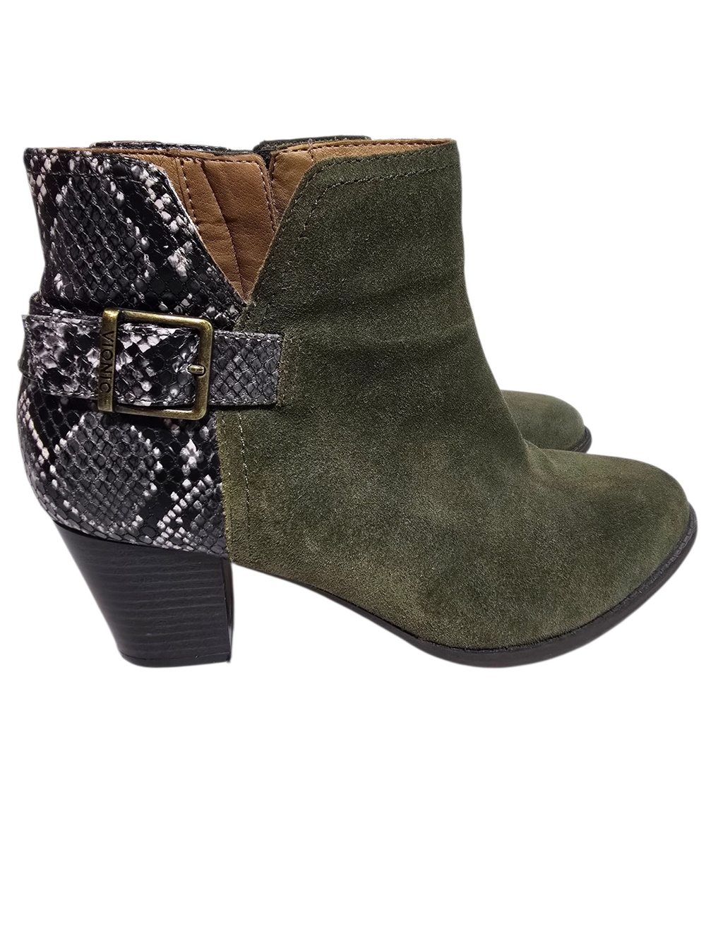 Vionic Olive Suede Ankle Boot with Snake-Print Heel Detail